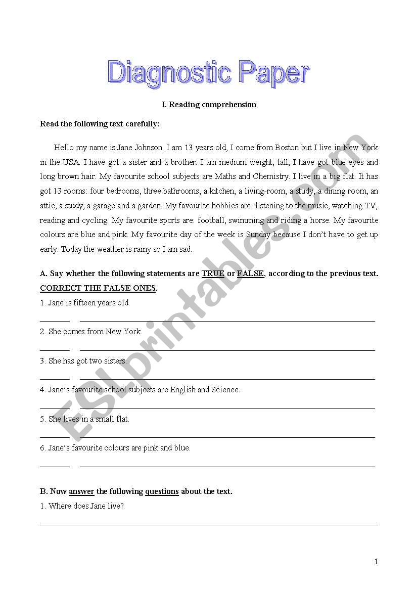 Diagnostic paper worksheet