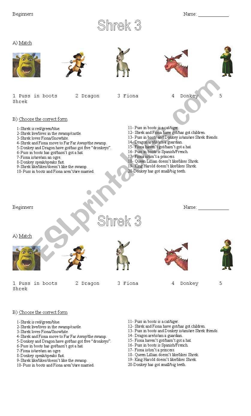 Shrek 3 worksheet