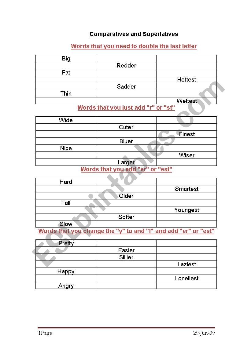 Comparatives and Superlatives worksheet