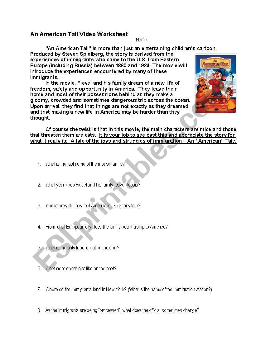 An American Tail Worksheet worksheet