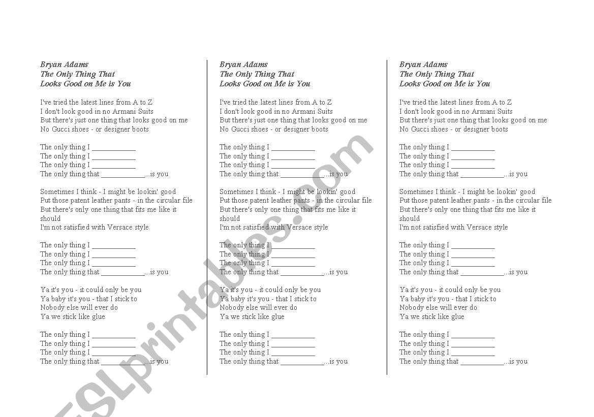 Bryan Adams The Only Thing worksheet