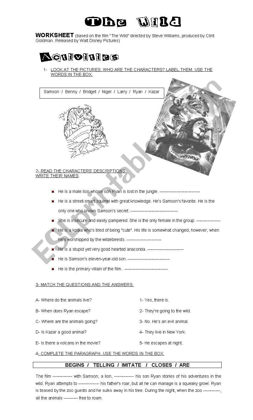 The Wild (Based on the movie) worksheet