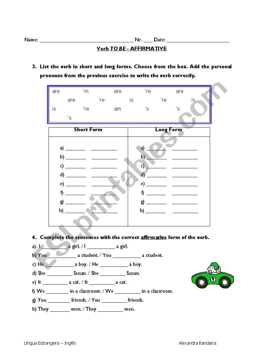 Verb to be affirmative worksheet