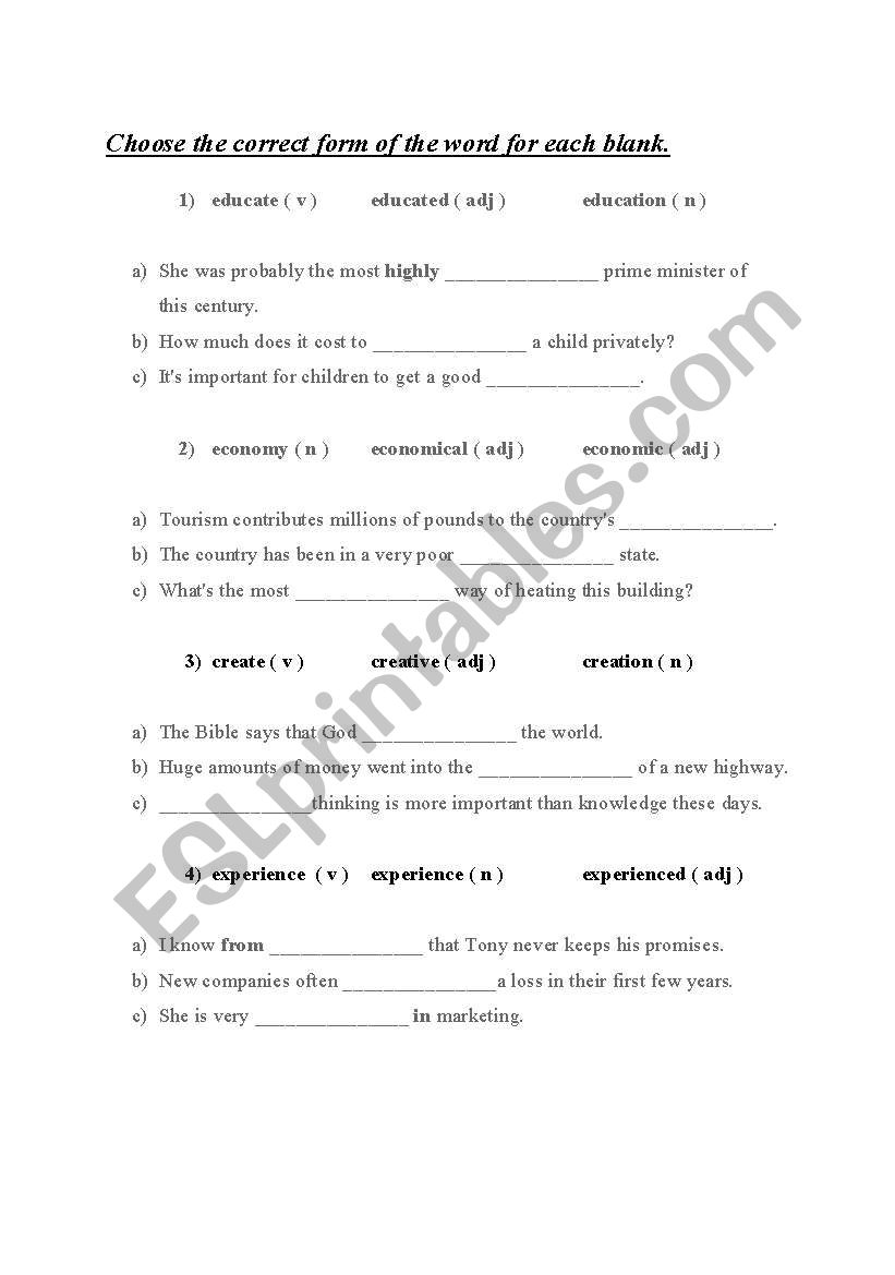 word class worksheet