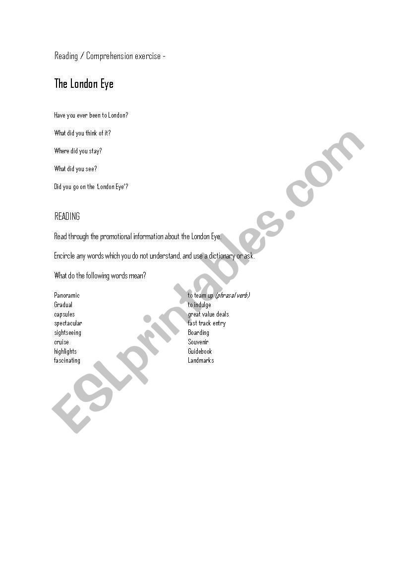 London Eye worksheet