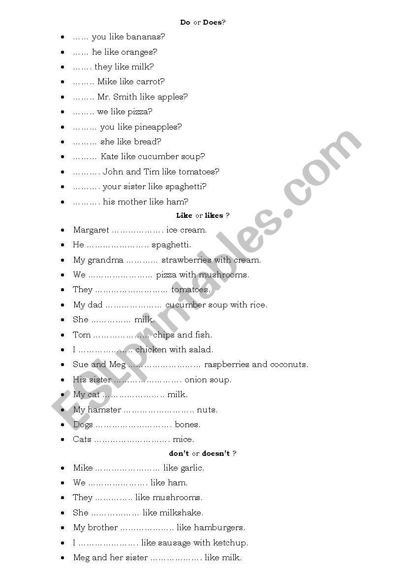 Do/Does, Like/Likes worksheet