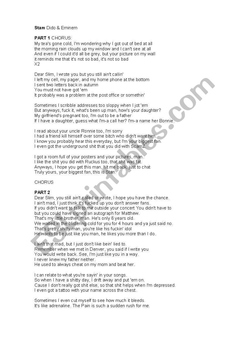 Eminem and Dido song STAM worksheet
