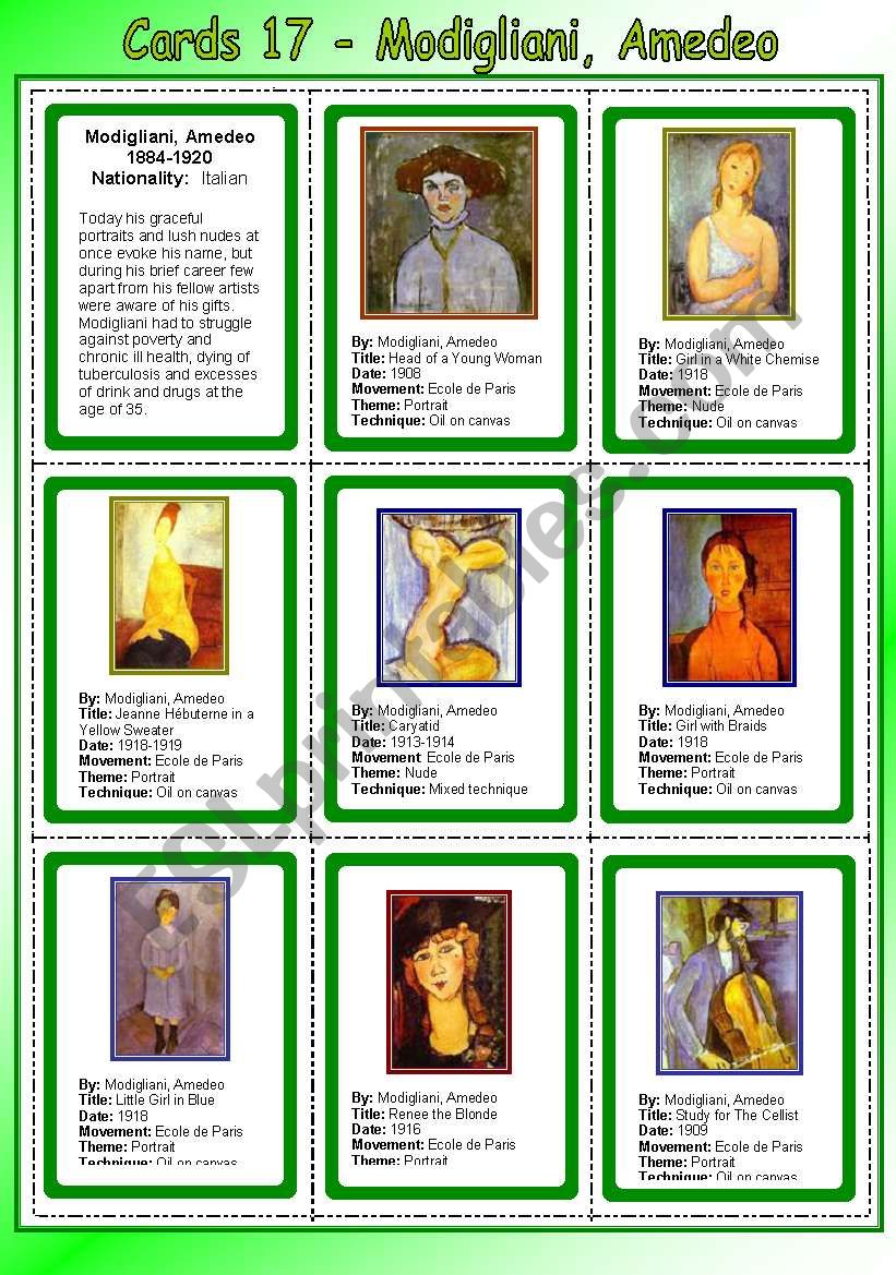 Cards 17 - Modigliani, Amedeo worksheet