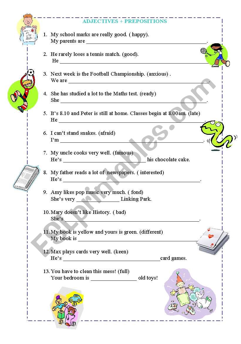 adjectives+prepositions worksheet