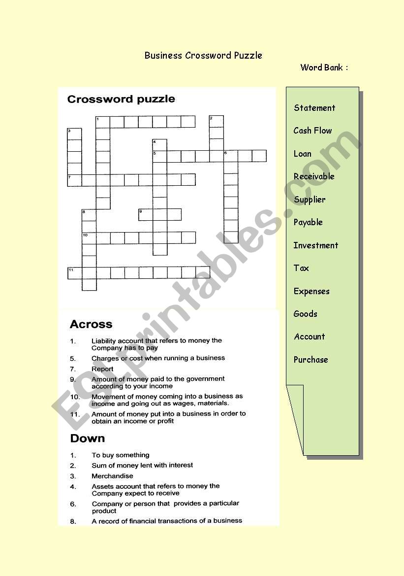 Business Crossword Puzzle worksheet
