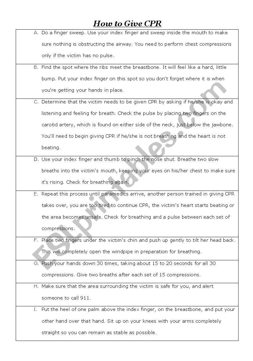 How to Give CPR worksheet