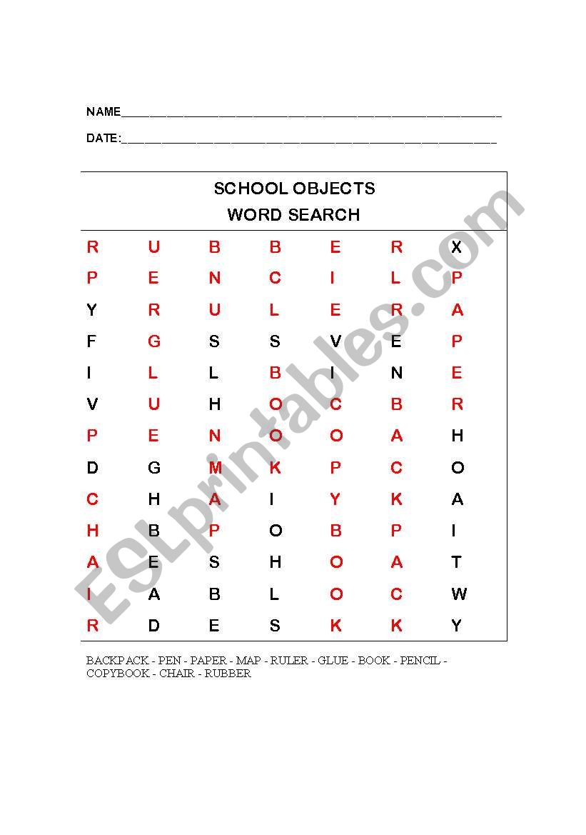 School Objects Word Search worksheet