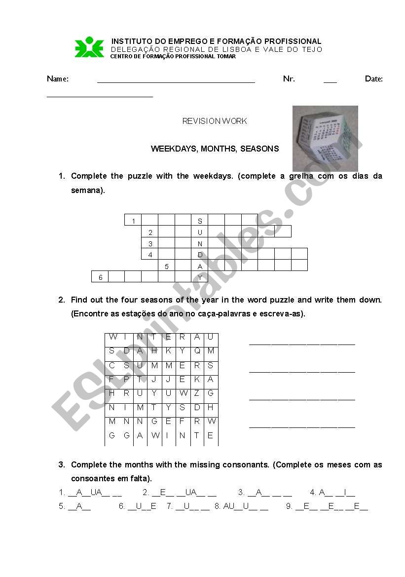 Days , Months , seasons worksheet