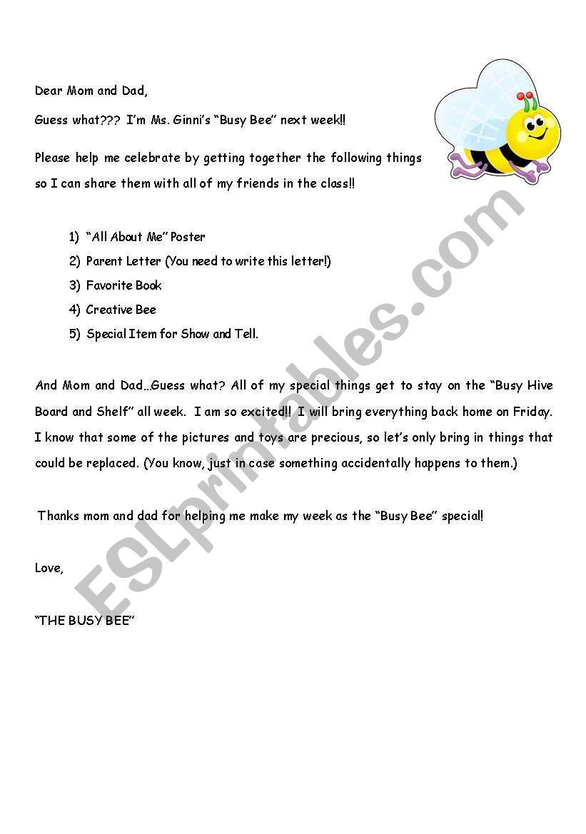 Busy Bee of the Week  worksheet