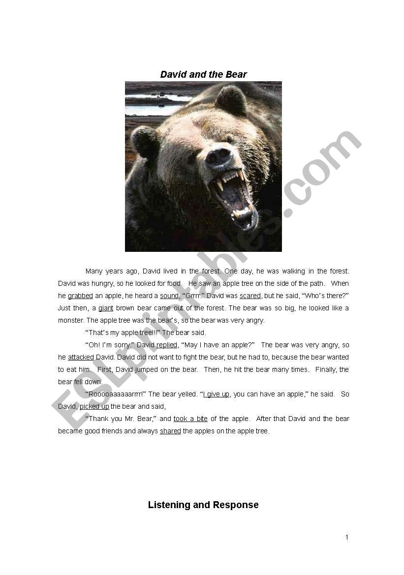 David and the Bear (7 Pages, Reading, Comp, Vocab, Writing)