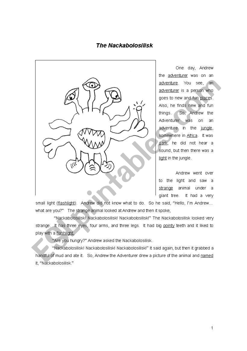 Nackabolisilisk (7 pages, Reading, Comprehension, Vocab, and Writing)