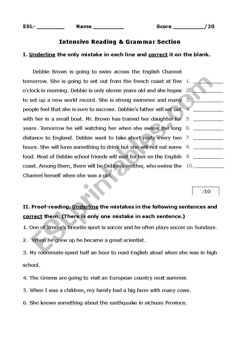 Intensive reading worksheet