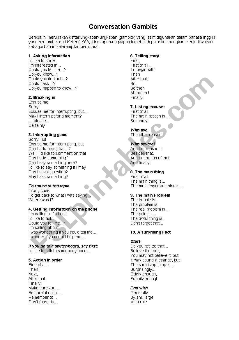 Conversation Gambits worksheet