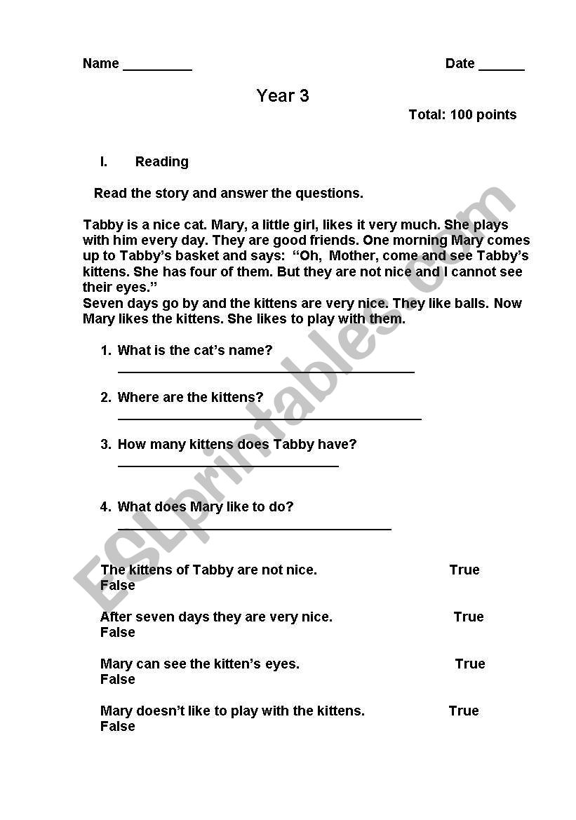 Reading worksheet