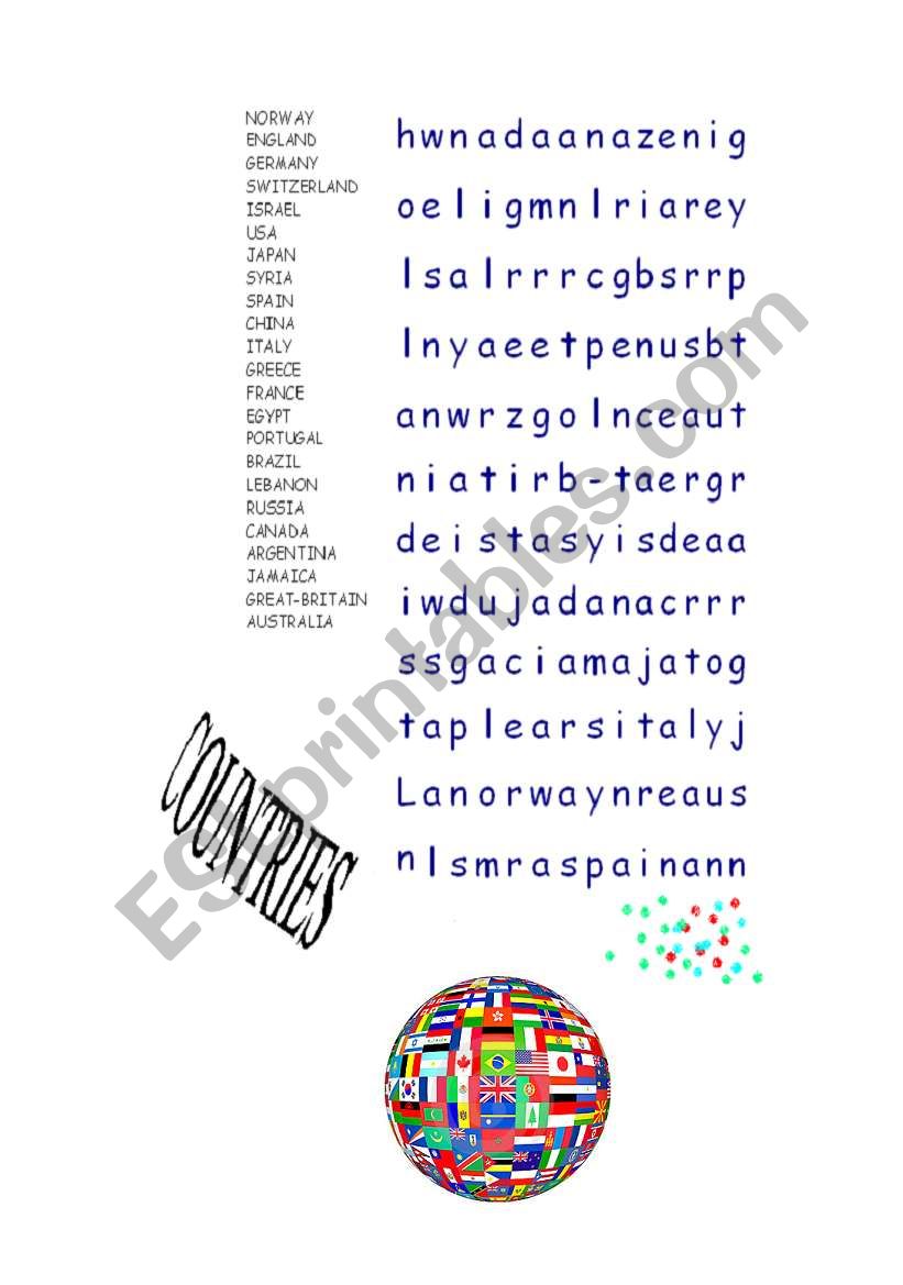 countries word search worksheet