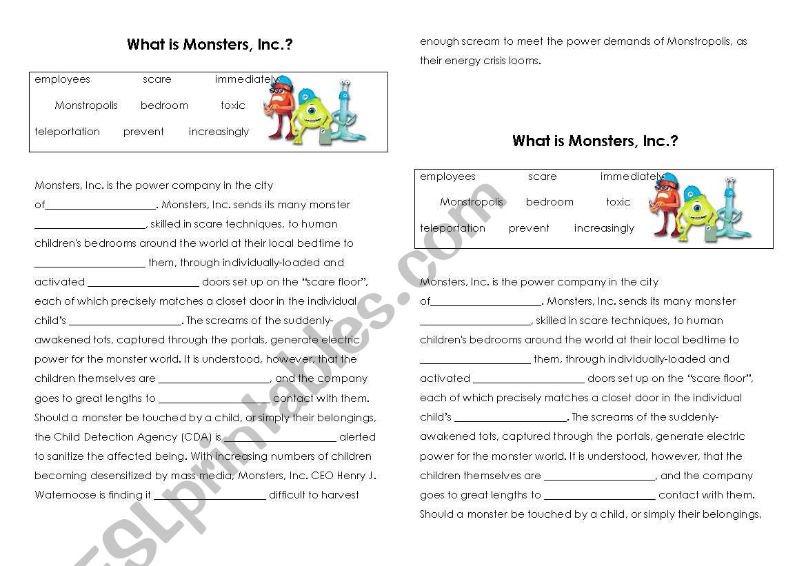 Monsters Inc Cloze Activity worksheet