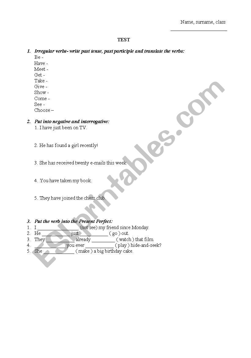 The Present Perfect Tense worksheet
