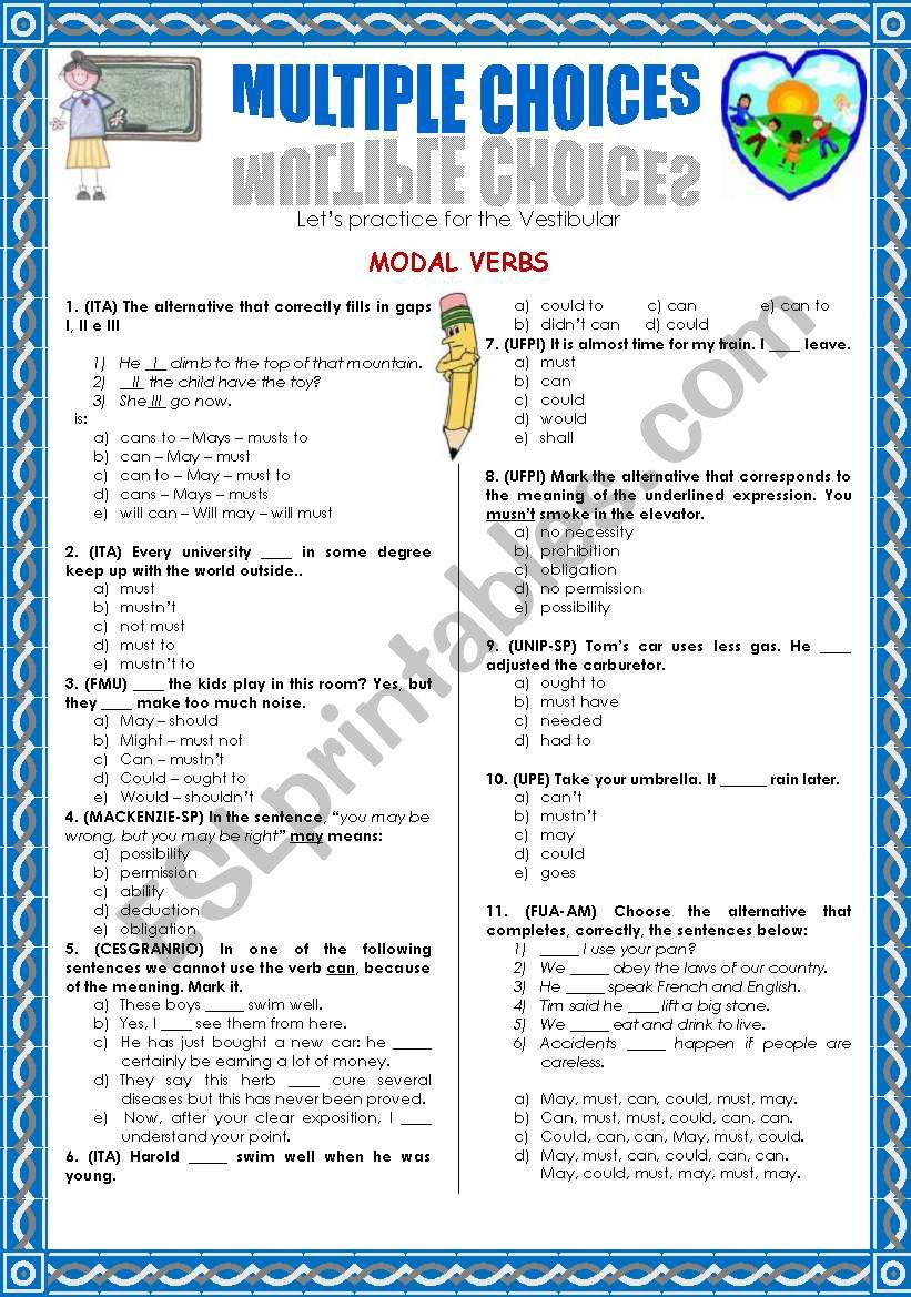 MODAL VERBS-MULTIPLE CHOICE worksheet