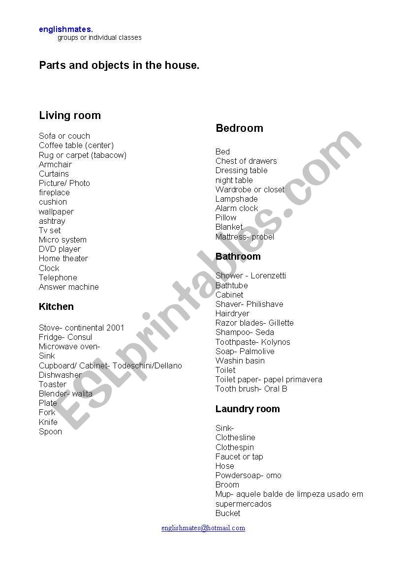 Parts and objects in a house for Brazilian learners