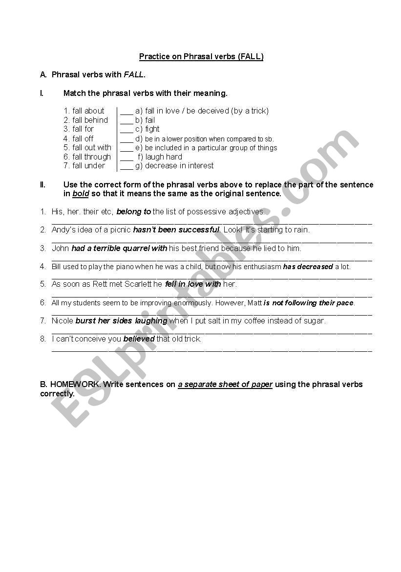 Phrasal verbs with Fall worksheet