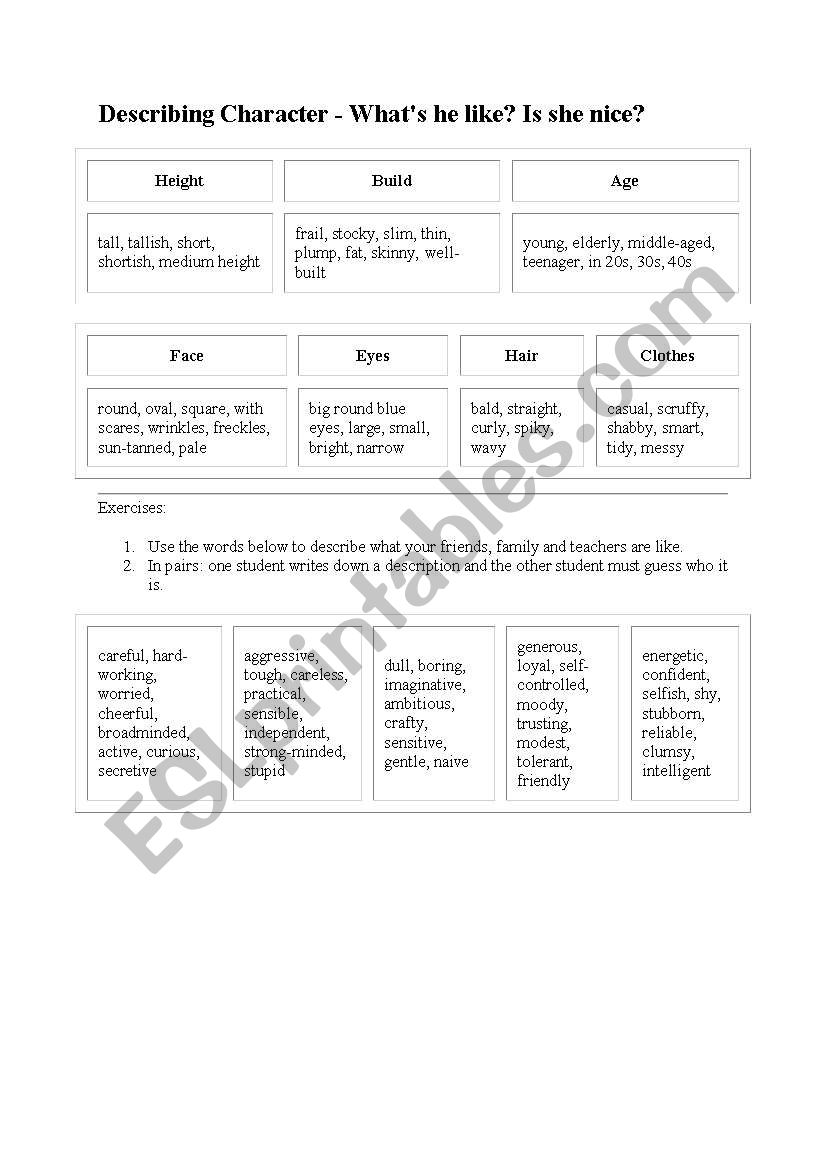 Describing Character worksheet