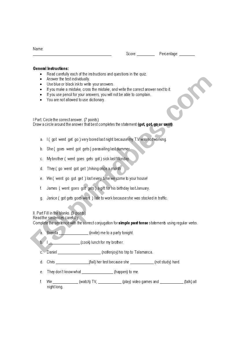 Past Tense Quiz worksheet