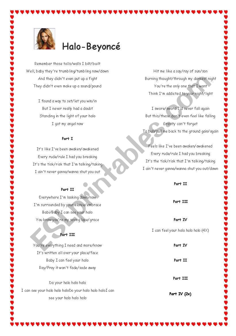 Halo - Beyonce - Activity worksheet