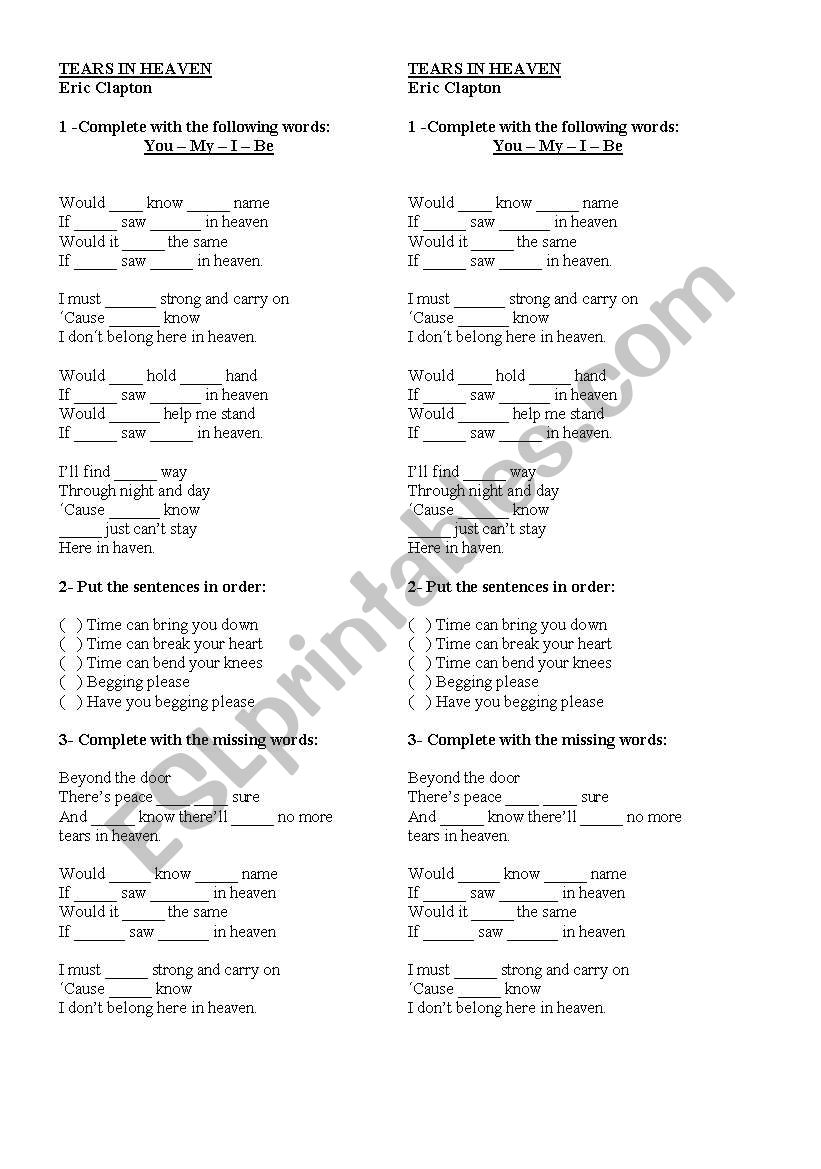 Song: Tears in Heaven worksheet