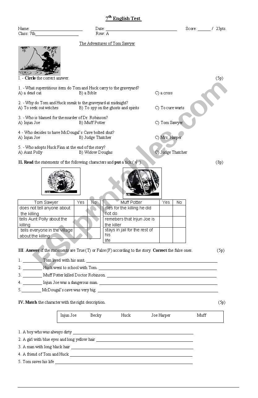 The Adventures of Tom Sawyer worksheet