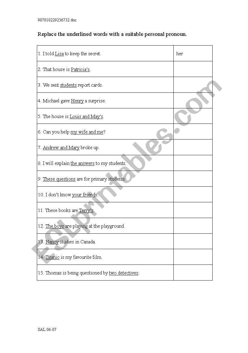 Personal pronouns worksheet