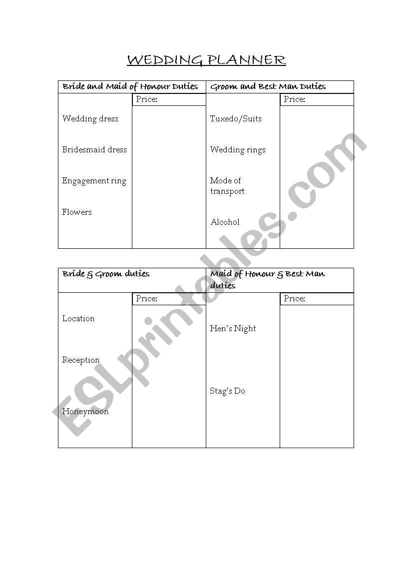 Wedding Planner worksheet