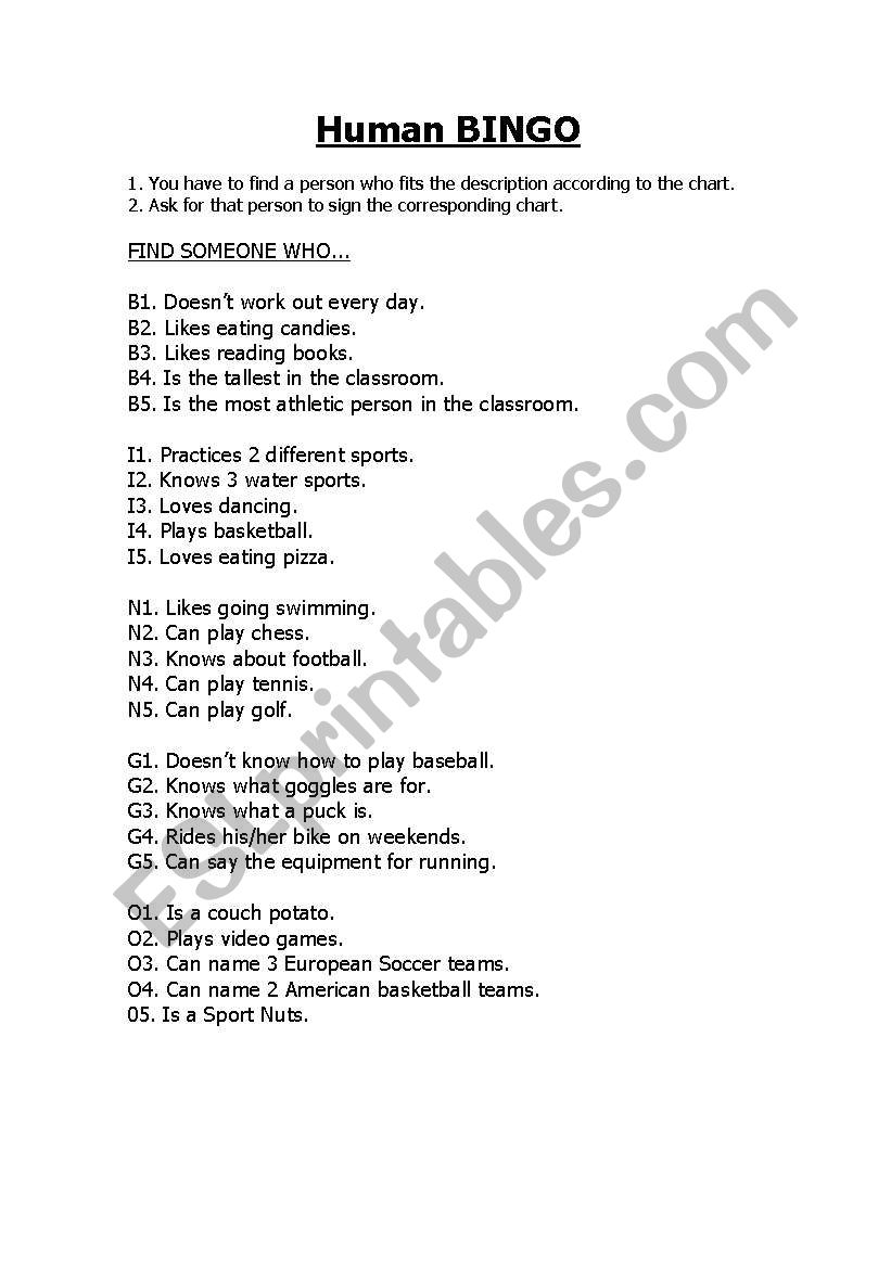 Human Bingo (sports) worksheet