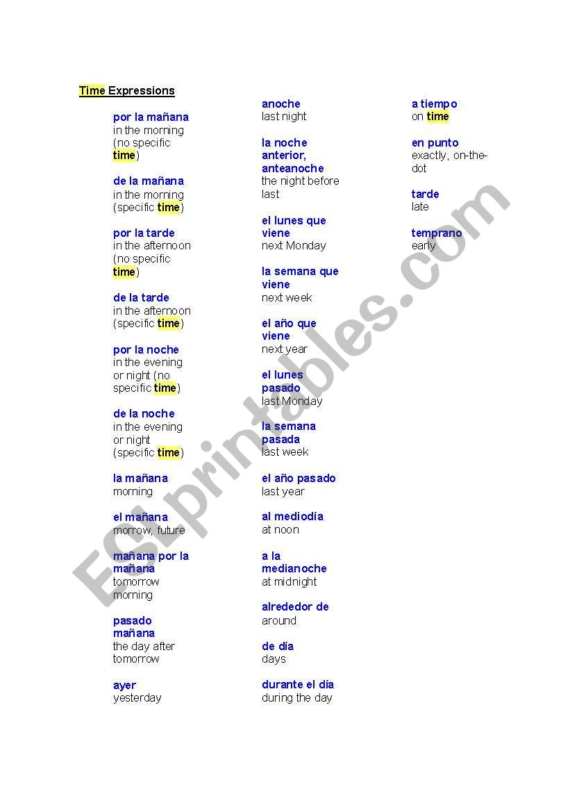 time expressions worksheet