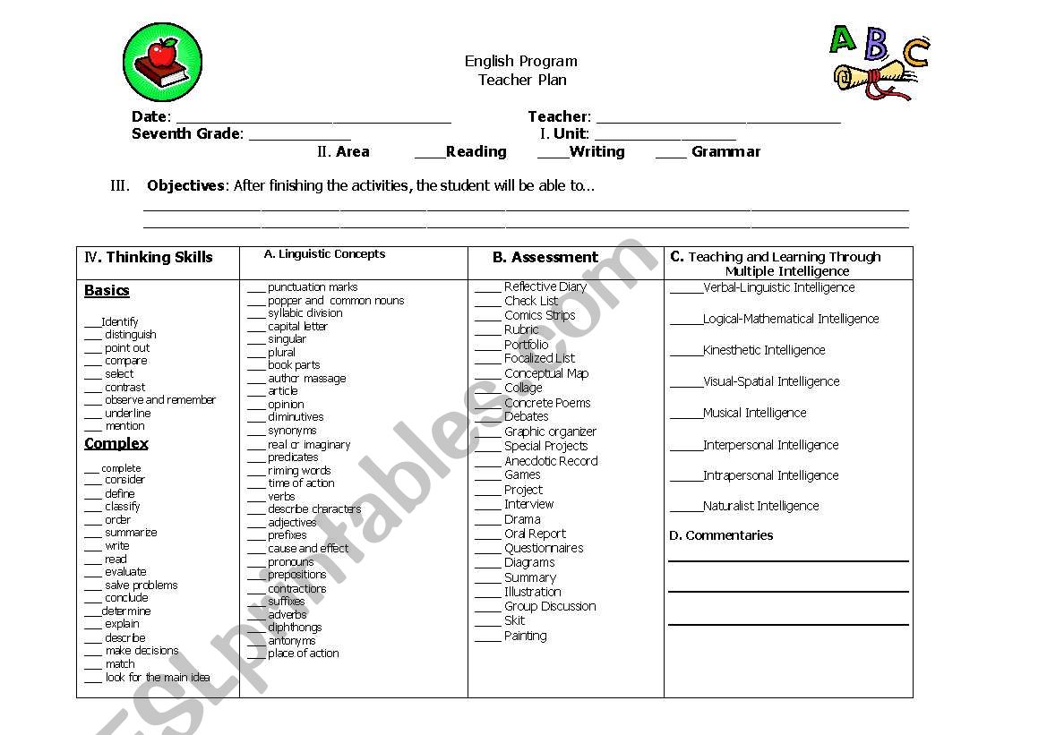 Lesson Plan worksheet