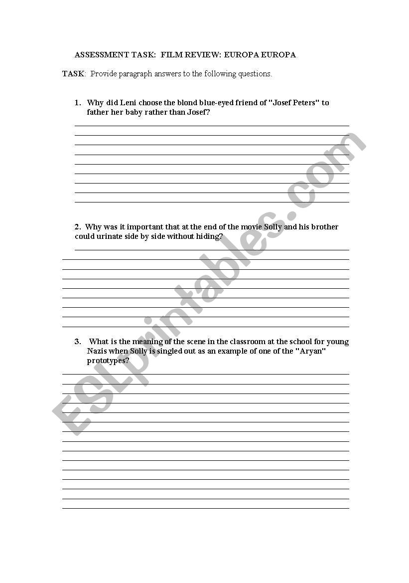Film review: Europa Europa worksheet