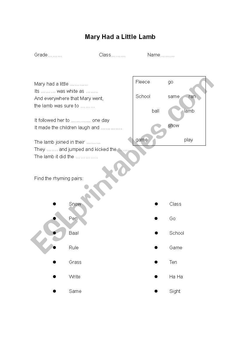 Mary Had A Little Lamb worksheet