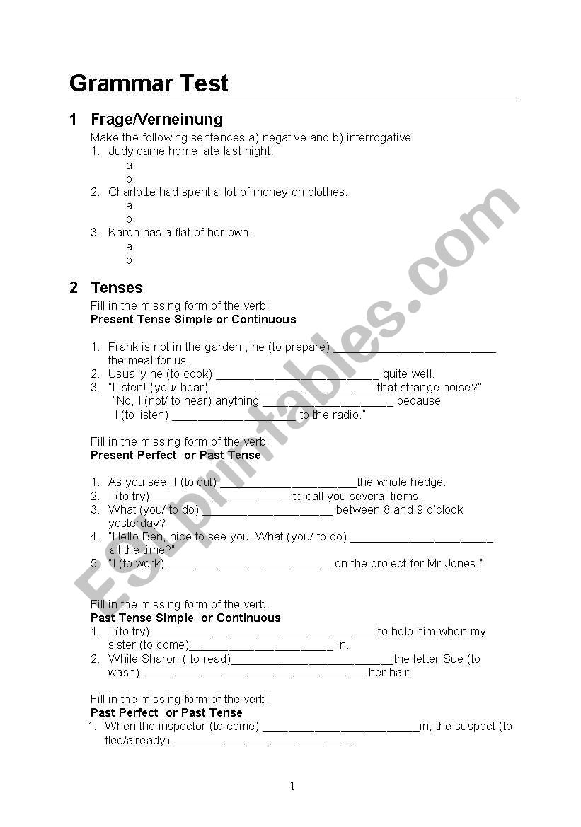 Grammar Test worksheet