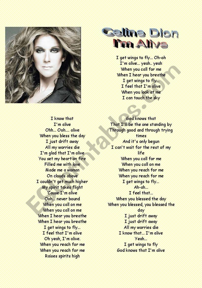 Song : Celine Dion I´m Alive - ESL worksheet by Enid Stella