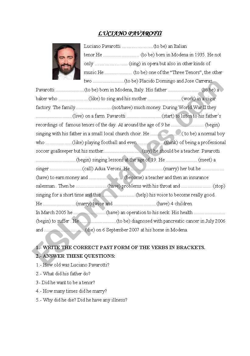 LUCIANO PAVAROTTI worksheet