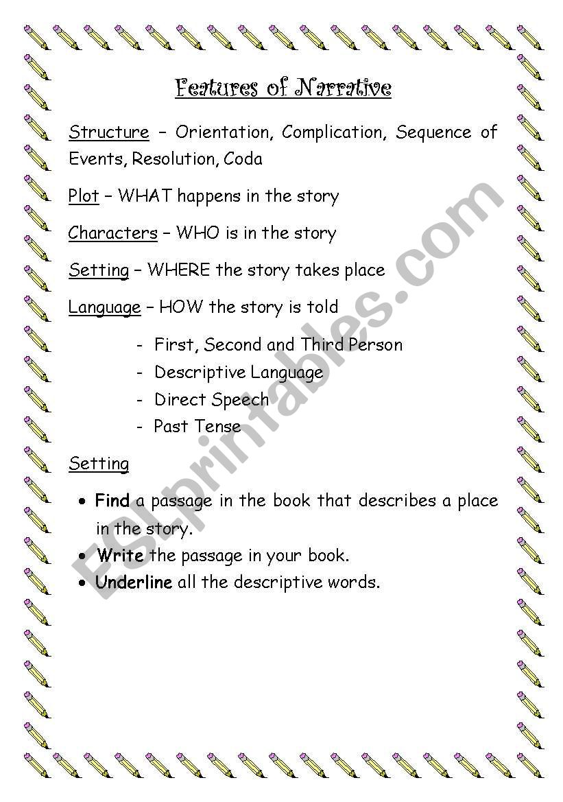 Features of Narrative worksheet