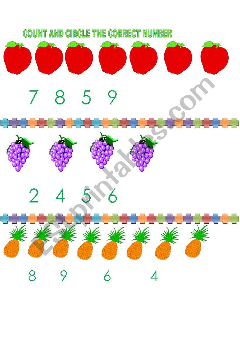 COUNT AND CIRCLE THE CORRECT NUMBER