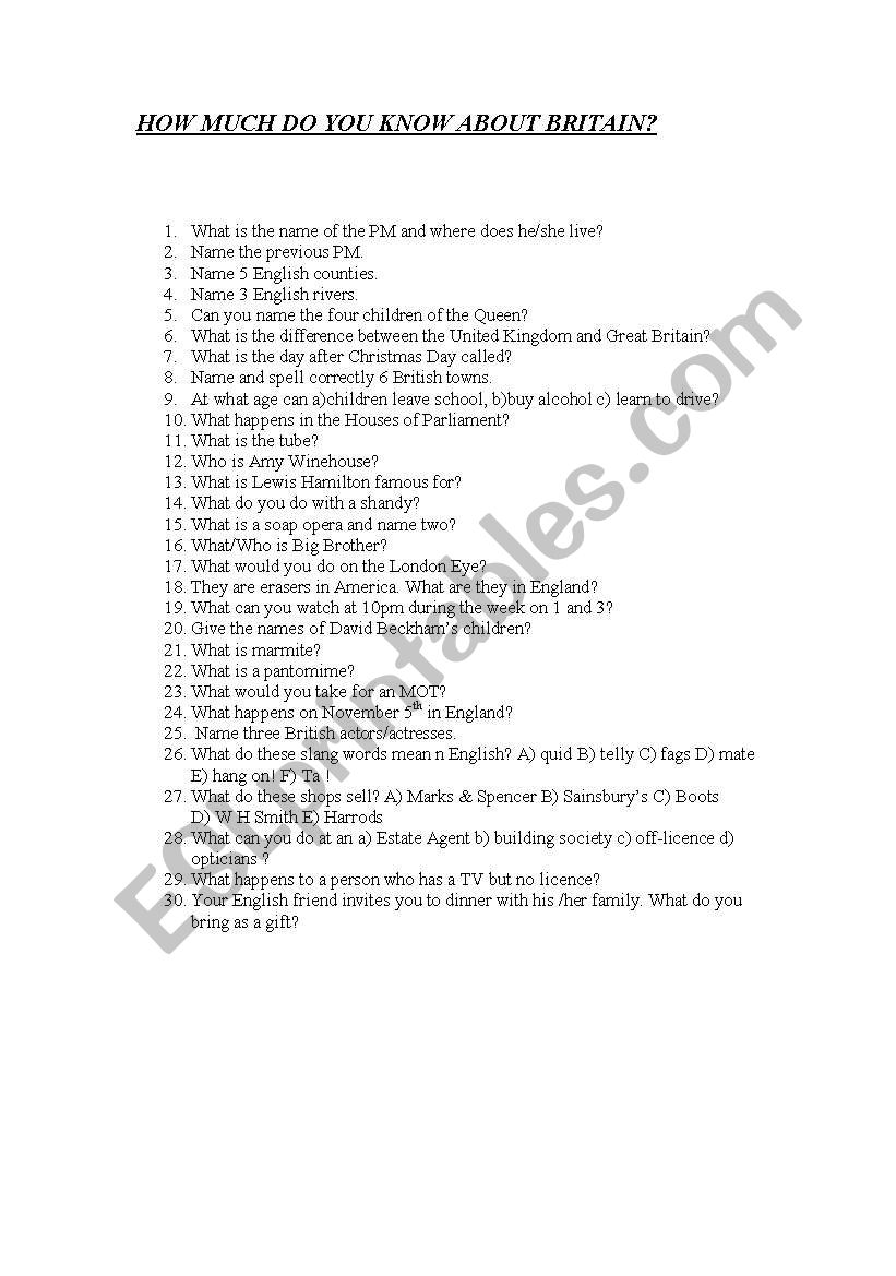 Quiz on Britain worksheet