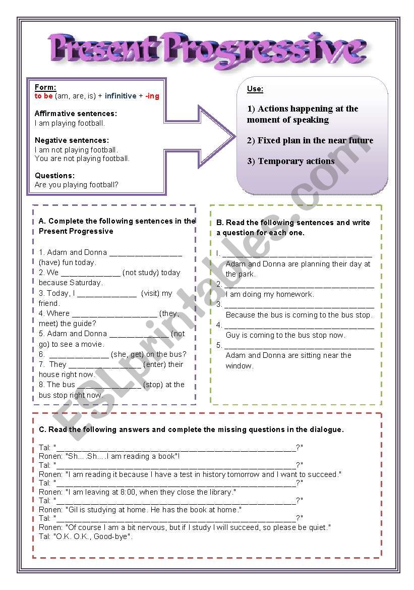 Present Progressive (Continuous) - 3 pages