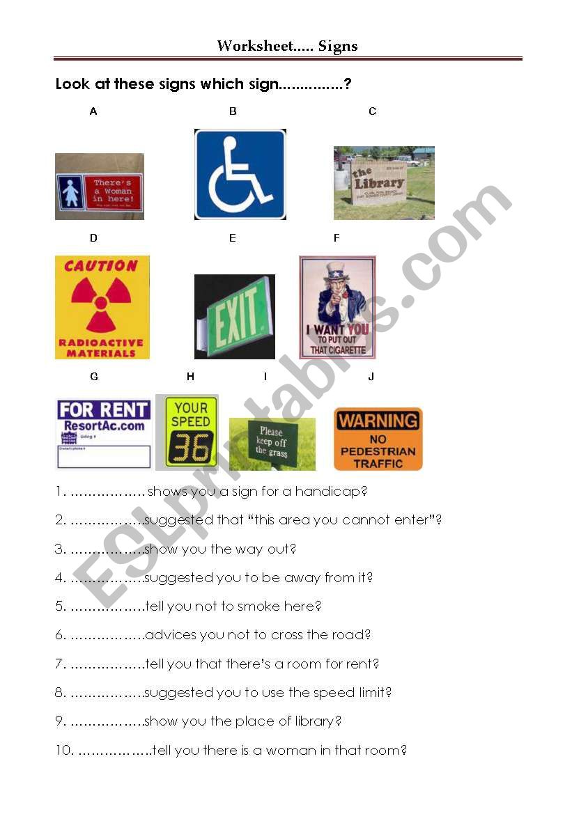 Signs worksheet