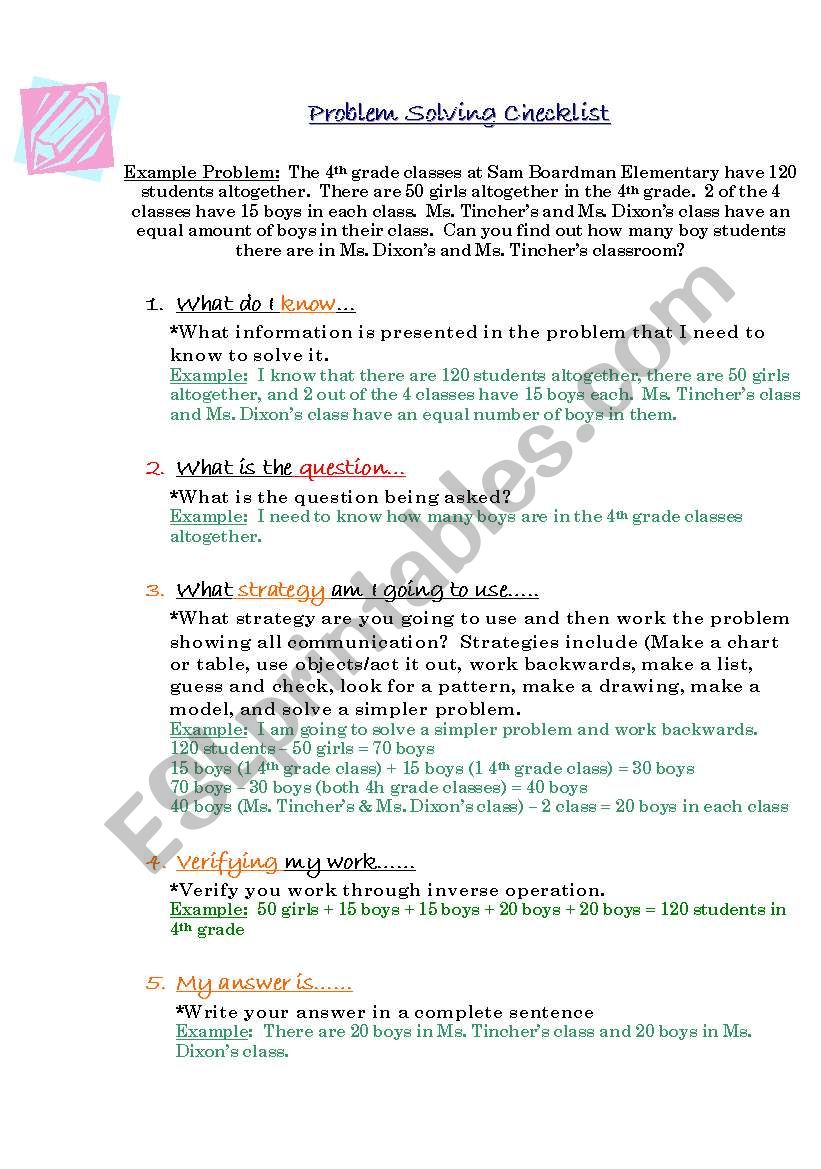math problem solving checklist with examples